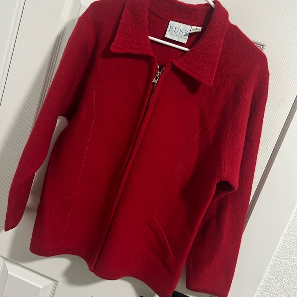 Wool red bomber long style jacket, size M